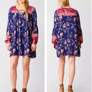 Billabong Floral Boho Tunic Dress Lace Up Long Sleeves Size Small